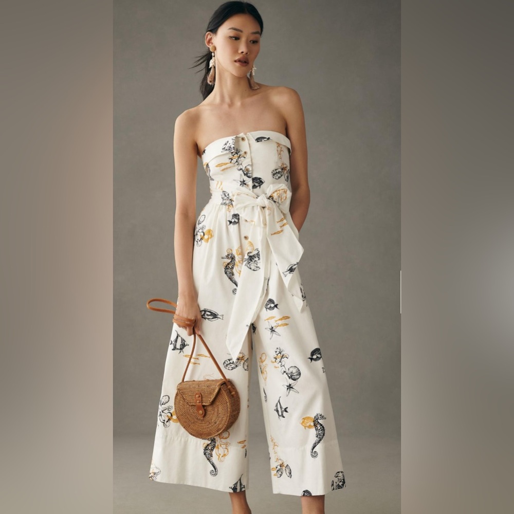 Anthropologie Maeve Strapless Buttondown Wide-Leg Jumpsuit